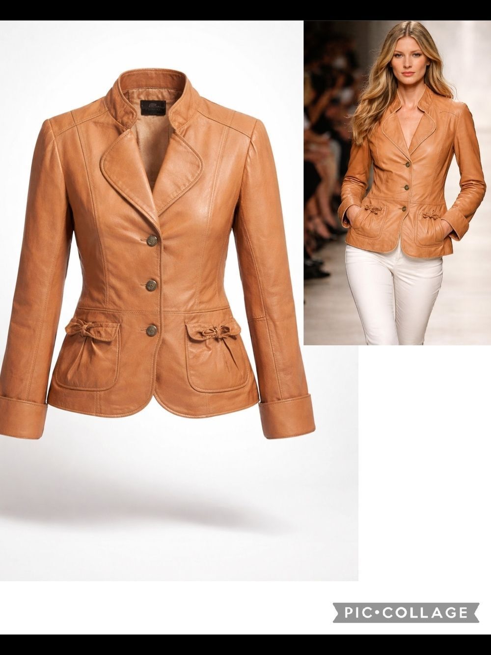 Women's Camel Leather Fitted Button Jacket